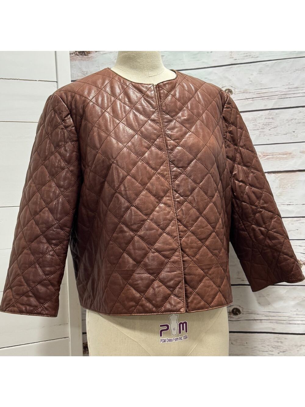 Brunello Cucinelli Cropped Quilted Pelle Leather Puffer Coat Jacket Brown Sz 46